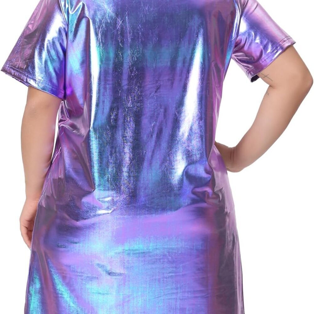 Plus Size Metallic T-Shirt Dress Women Short Sleeve Mini Party Clubwear - Picture 4 of 5